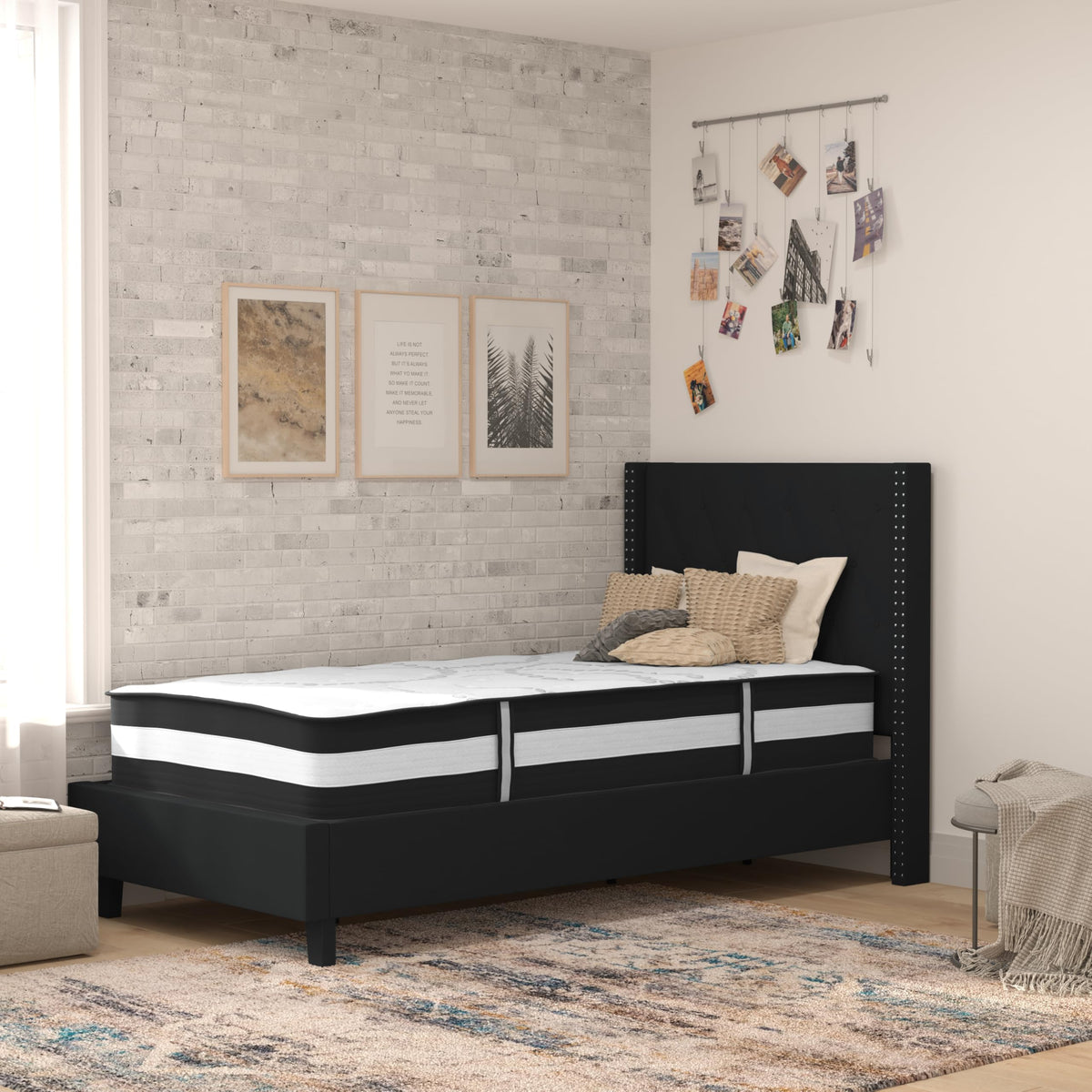 Flash Furniture Riverdale Twin Size Tufted Upholstered Platform Bed In Black Fabric With Pocket Spring Mattress