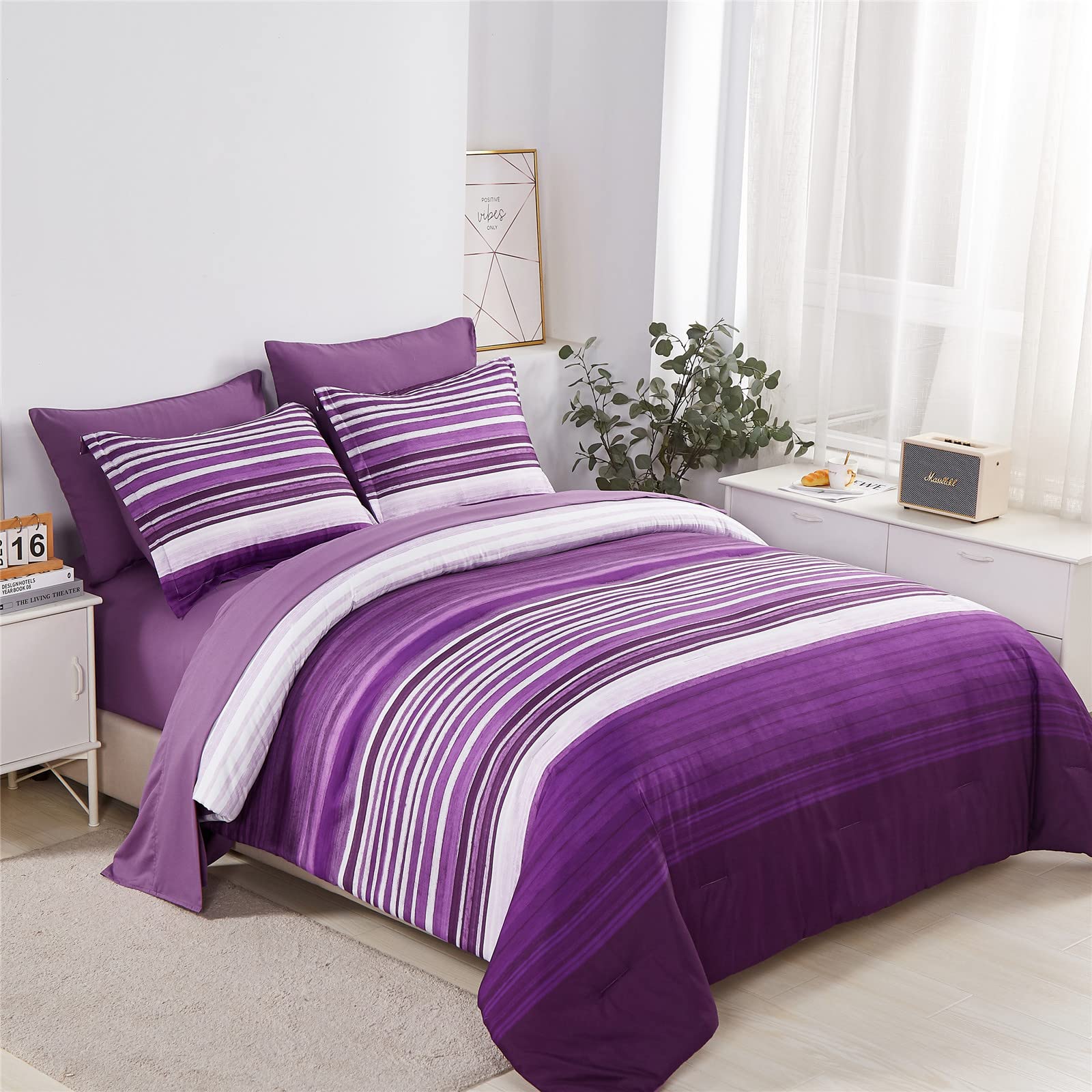 Kakijumn 7 Piece Bed In A Bag Stripe Comforter Set Queen Size, White And Purple Patchwork Striped Comforter And Sheet Set, All S