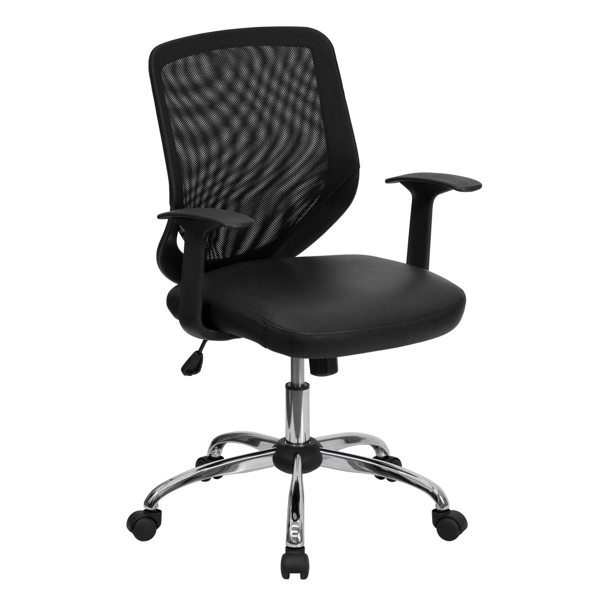 Flash Furniture Norris Mid-Back Black Mesh Tapered Back Swivel Task Office Chair with LeatherSoft Seat, Chrome Base and T-Arms