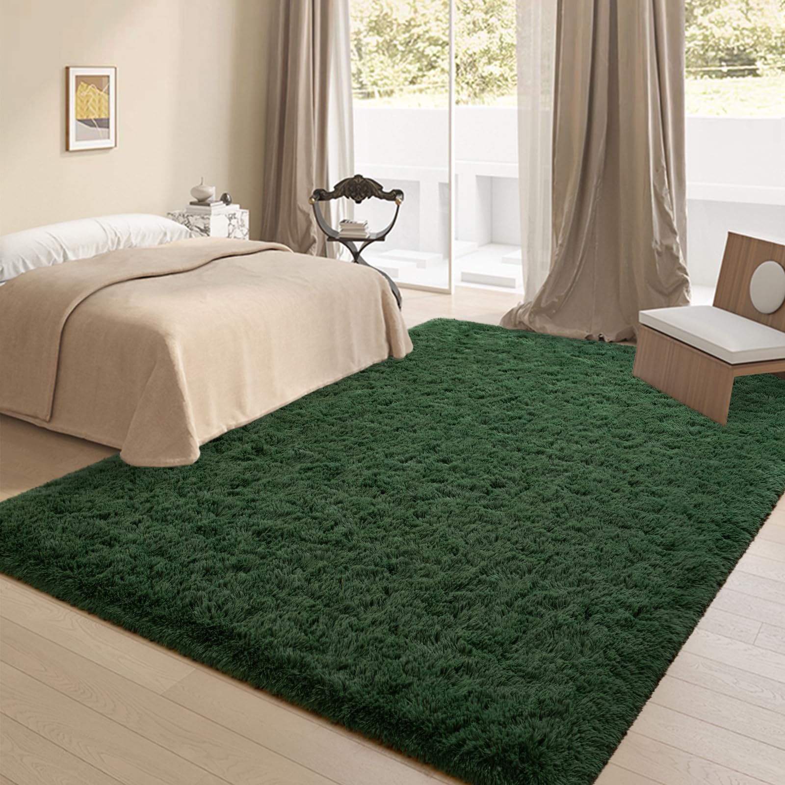 Falark Super Soft Area Rugs For Bedroom Living Room, 4X6 Ft Dark Green Fluffy Rug Carpets For Girls Kids Room, Shaggy Fuzzy Indo