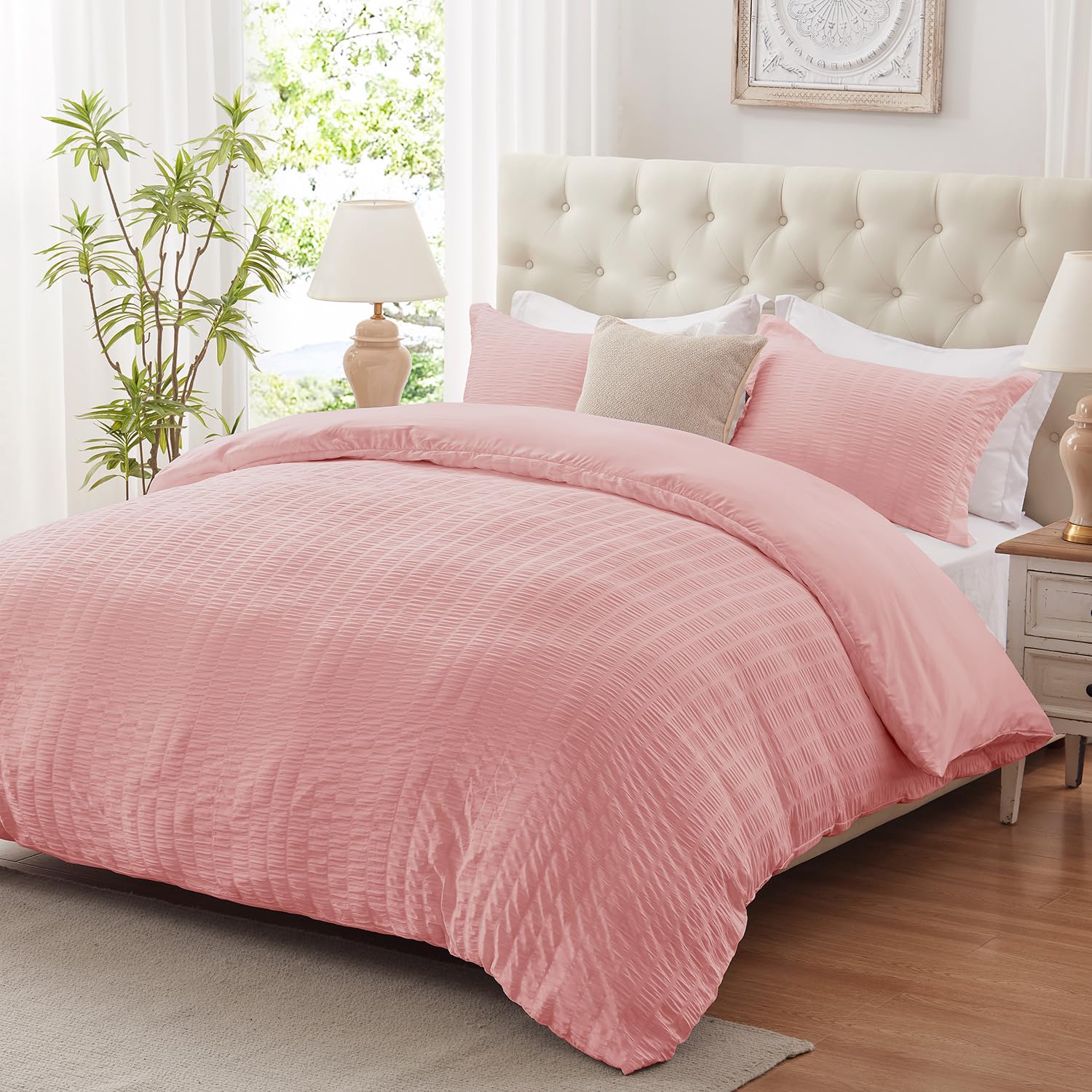 Cozyide Pink Duvet Cover Full Size, 3 Pieces Bedding Duvet Covers, Soft Breathable Seersucker Duvet Cover Set With Zipper Closur