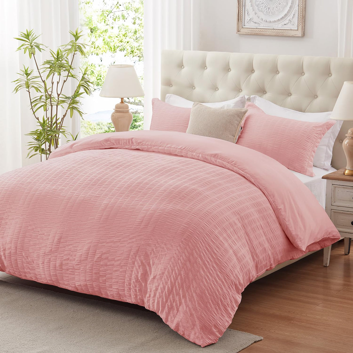 Cozyide Pink Duvet Cover King Size, 3 Pieces Bedding Duvet Covers, Soft Breathable Seersucker Duvet Cover Set With Zipper Closur
