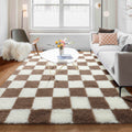 KICMOR Living Room Rug 5x8 Brown and Cream White, Large Fluffy Shag Fuzzy Checkered Area Rugs Shaggy Bedroom Carpet, Indoor Soft