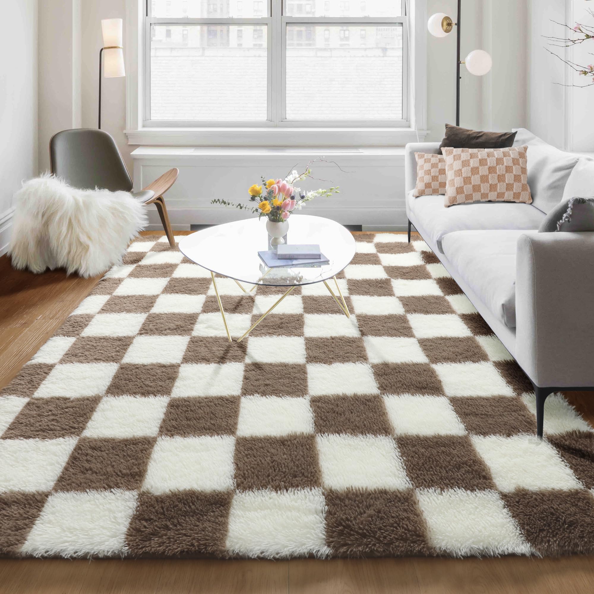 KICMOR Living Room Rug 5x8 Brown and Cream White, Large Fluffy Shag Fuzzy Checkered Area Rugs Shaggy Bedroom Carpet, Indoor Soft