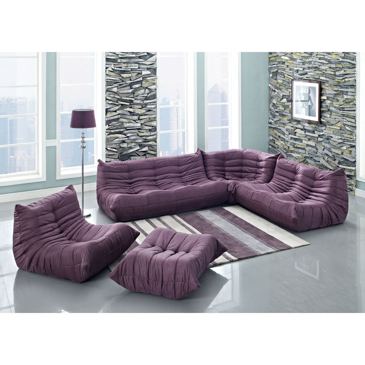 Modway Waverunner Modern Modular Sectional Sofa Set, Purple