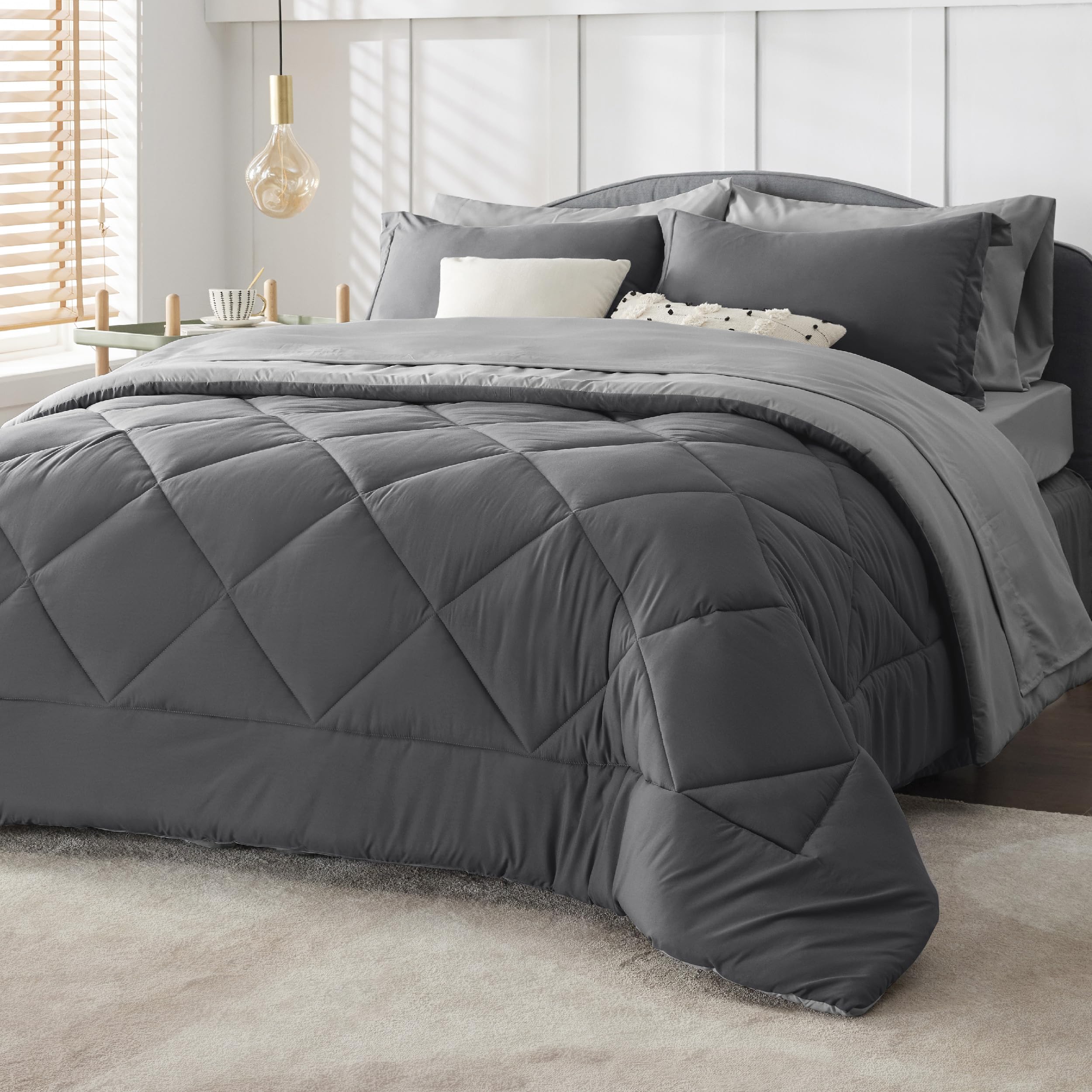 Bedsure Dark Grey King Size Comforter Set - 7 Pieces Reversible King Bed In A Bag, King Bed Set Dark Grey With Comforters, Sheet