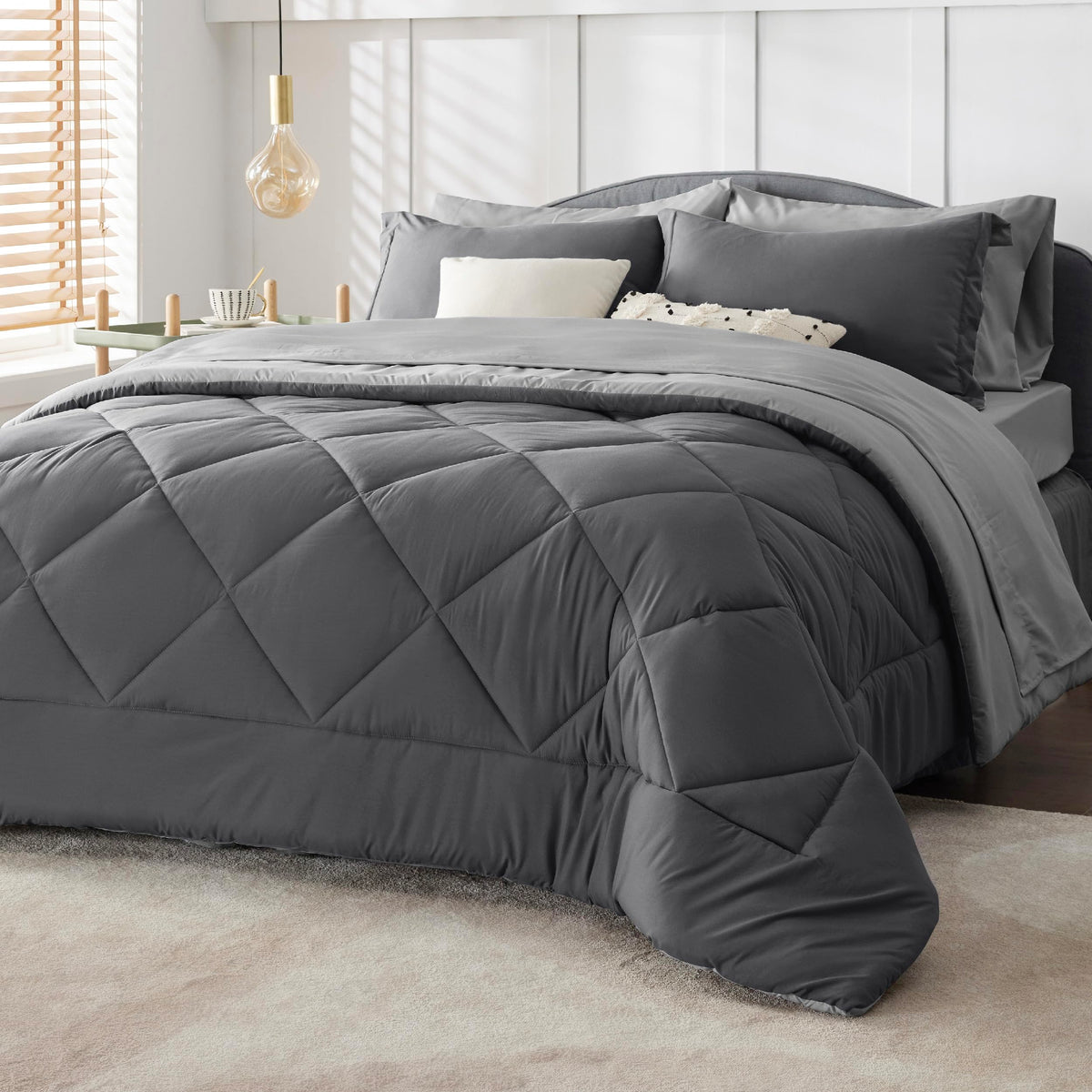 Bedsure Dark Grey Queen Comforter Set - 7 Pieces Reversible Queen Bed In A Bag, Queen Bed Set Dark Grey With Comforters, Sheets,