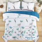 King Size Quilt Set Floral,3 Pieces Teal & White Quilts Coverlet Set Flower Bedspreads Bed Cover Lightweight Grey Quilt Boho Bed
