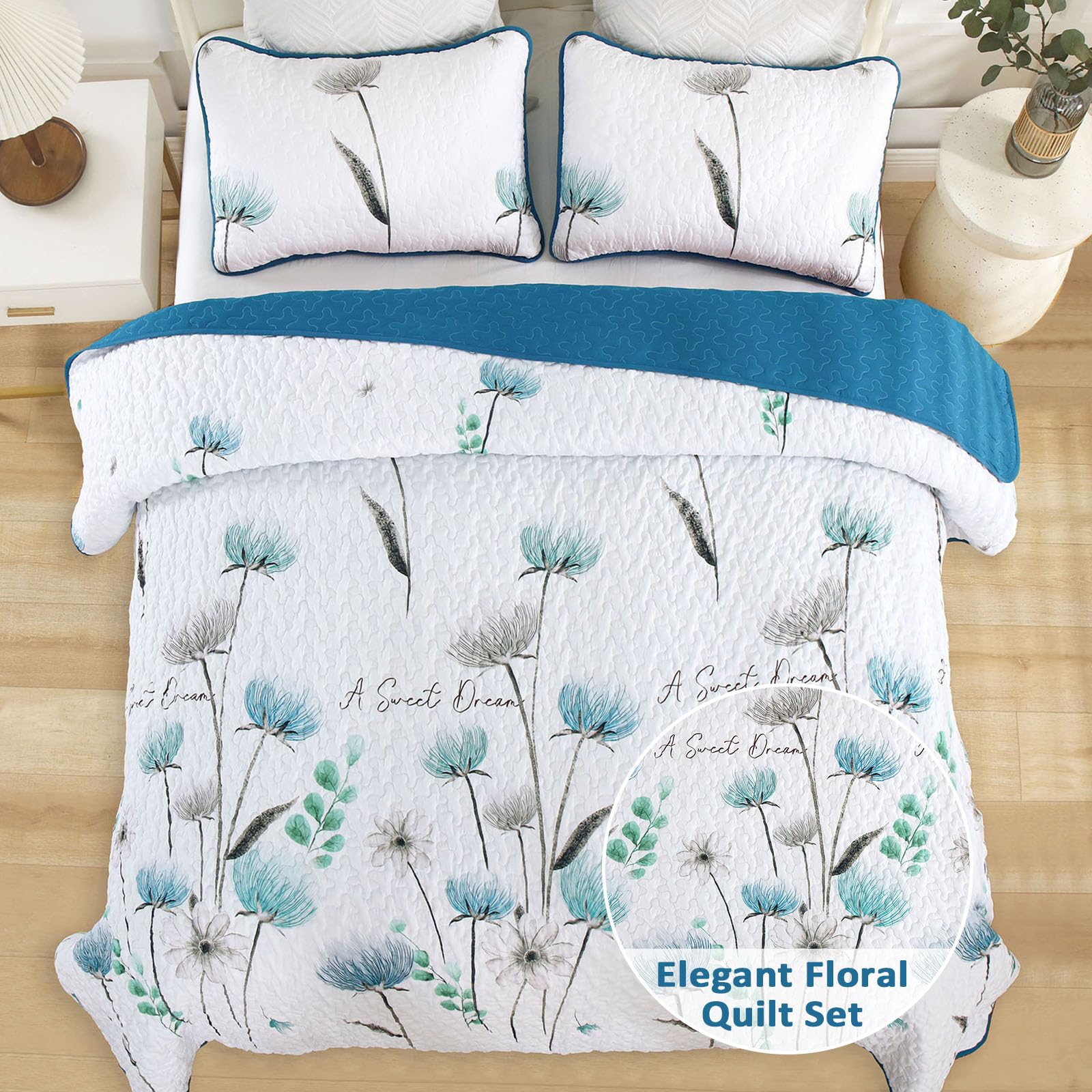 King Size Quilt Set Floral,3 Pieces Teal & White Quilts Coverlet Set Flower Bedspreads Bed Cover Lightweight Grey Quilt Boho Bed