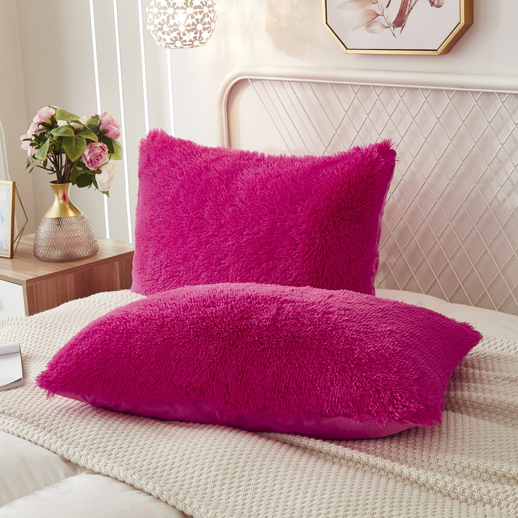 Uhamho Set Of 2 Standard Pillowcases Faux Fur Throw Pillow Covers Queen Size Shams Soft Velvet Decorative Zipper Closure (Hot Pi
