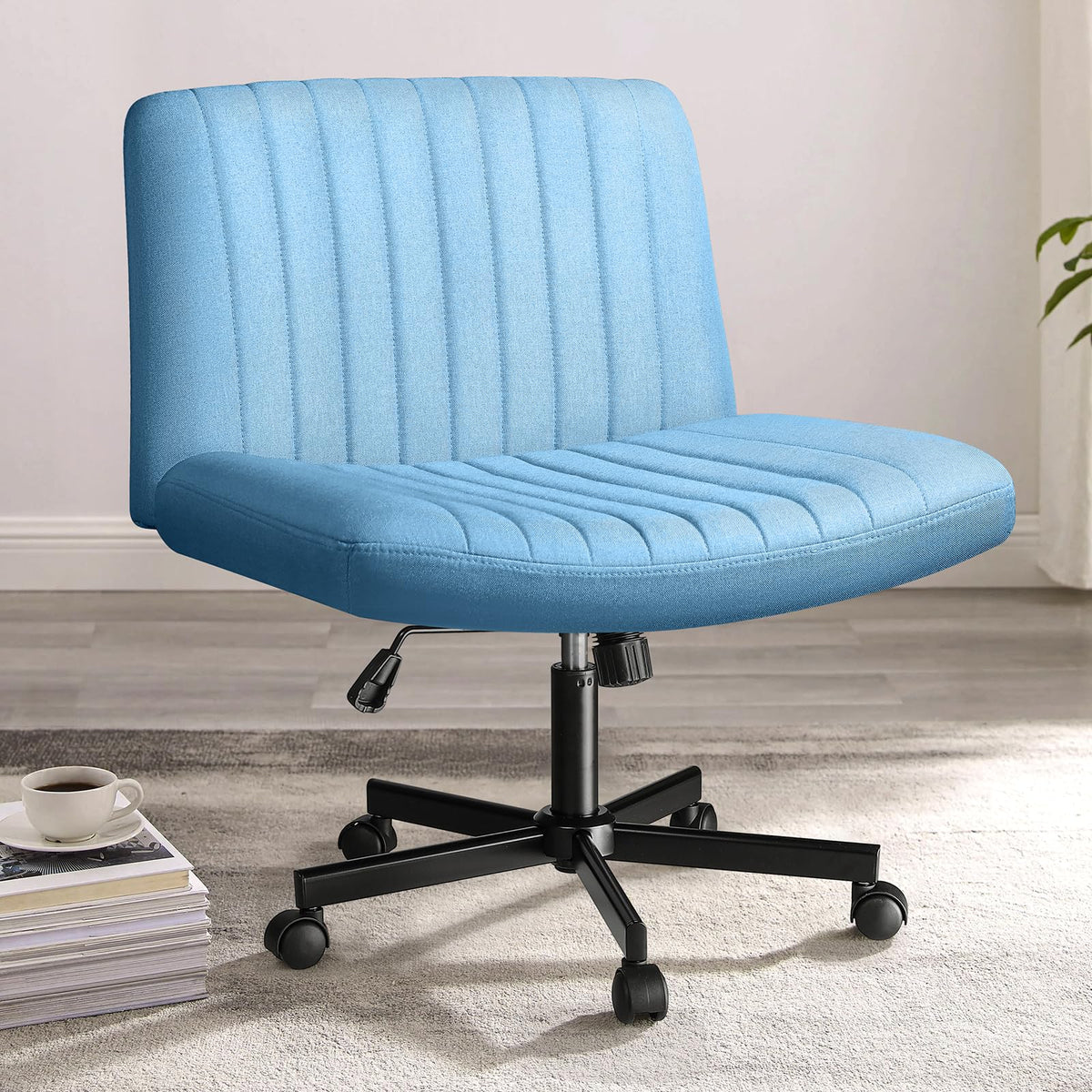 Pukami Criss Cross Chair With Wheels,Fabric Padded Armless Cross Legged Office Desk Chair For Home Office,Modern Swivel Height Adjustable Wide Seat Computer Task Vanity Chair (Blue)