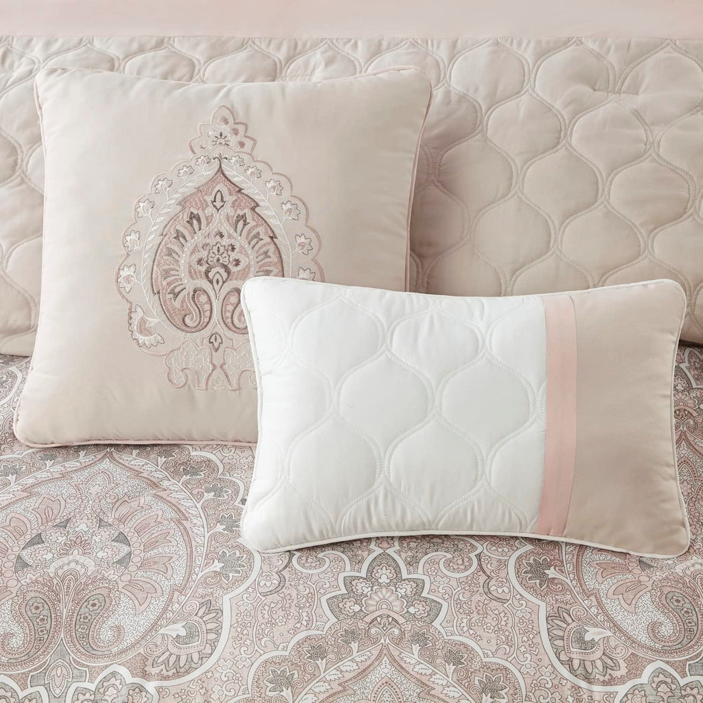 510 Design Luxe Quilted Comforter Set Modern Transitional Design, All Season Down Alternative Warm Bedding Matching Shams, Bedskirt, Decorative Pillow, Queen, Shawnee Scrollwork Blush