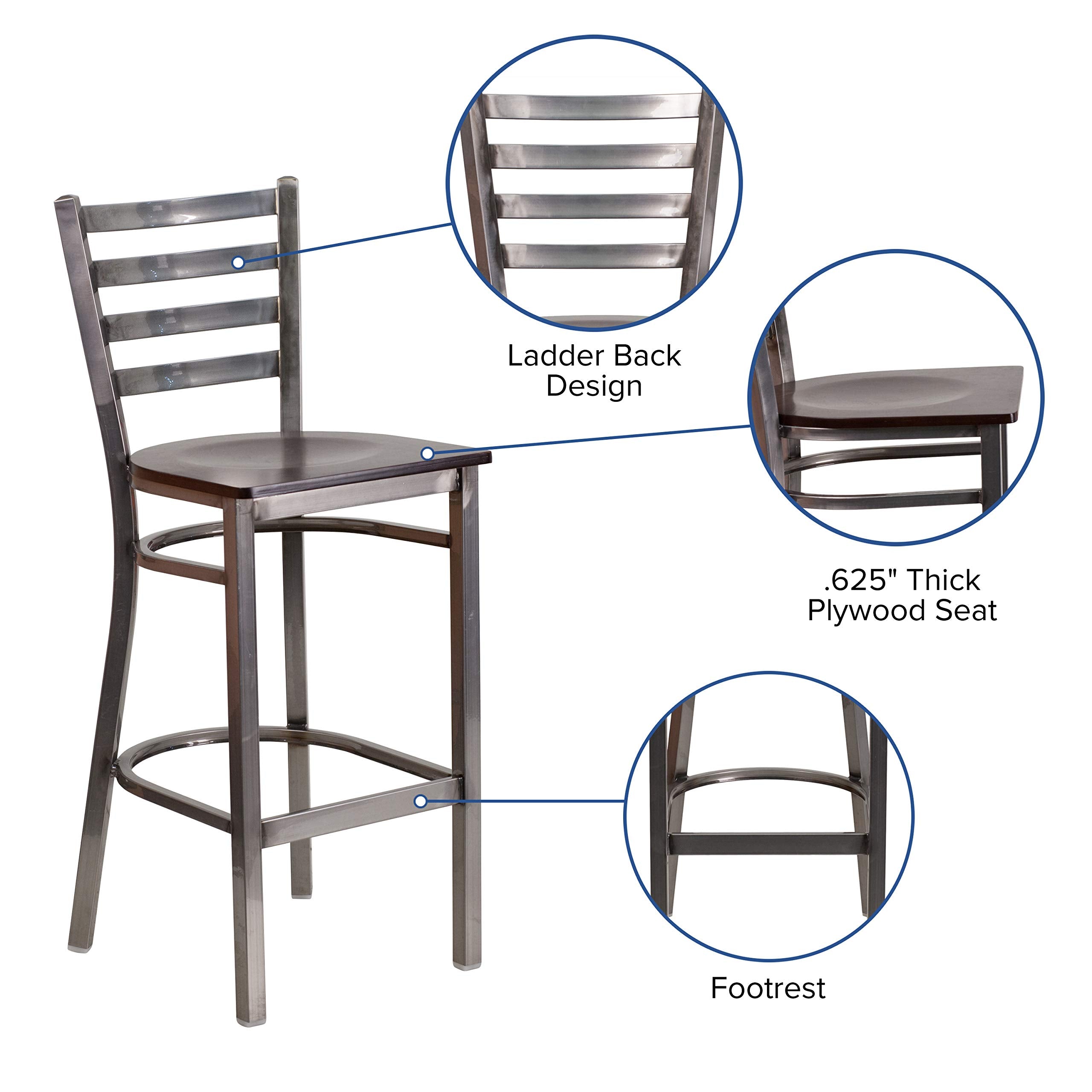 Flash Furniture Hercules Series Clear Coated Ladder Back Metal Restaurant Barstool - Walnut Wood Seat