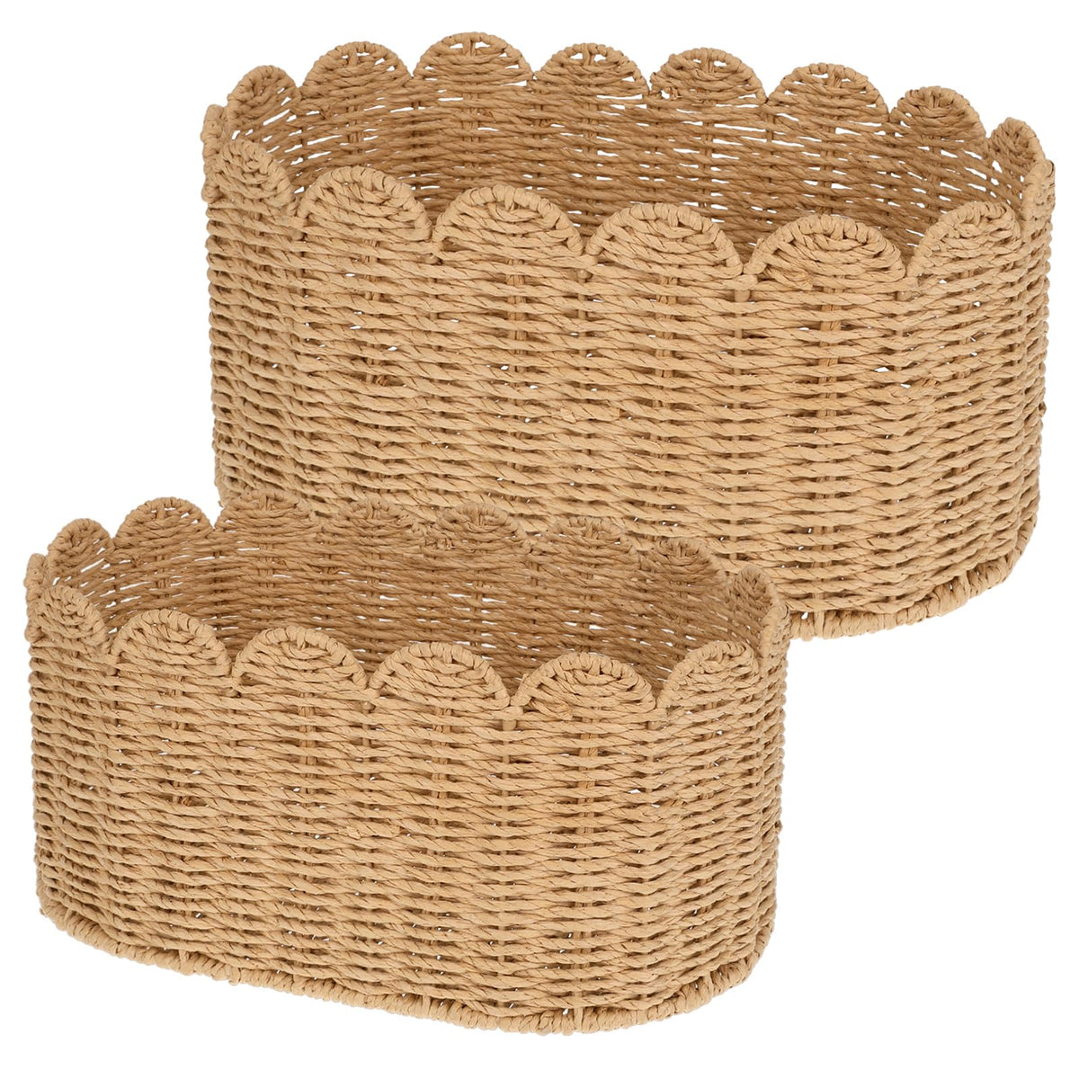 2 PCS Scalloped Basket Set  HandWoven Rattan Baskets Decorative Wicker Organizer Box with Scalloped Edge for Living Room, Bedr