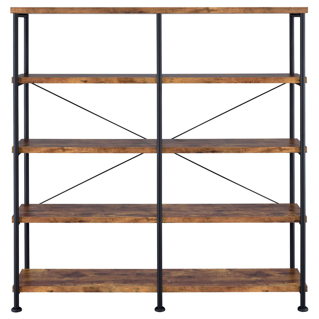Coaster Home Furnishings Analiese Rustic Industrial 4-Tier Double Bookcase Etagere Bookshelf Office Storage Book Shelf Engineered Eco-Friendly Wood Laminate Sturdy Black Steel Rustic Nutmeg 801543