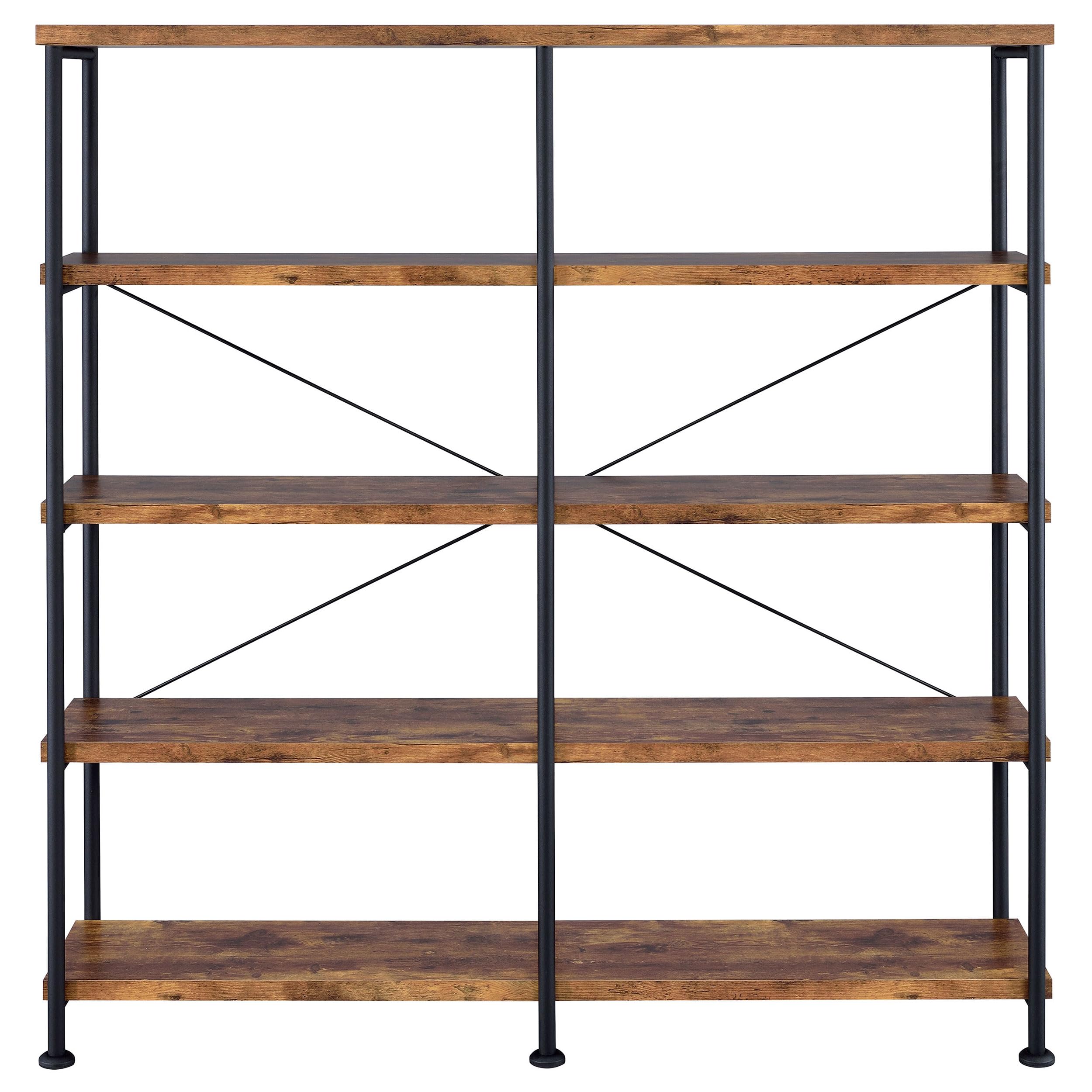 Coaster Home Furnishings Analiese Rustic Industrial 4-Tier Double Bookcase Etagere Bookshelf Office Storage Book Shelf Engineered Eco-Friendly Wood Laminate Sturdy Black Steel Rustic Nutmeg 801543