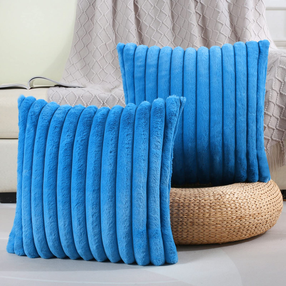 Futei Royal Blue Striped Decorative Throw Pillow Covers 20X20 Inch Set Of 2,Square Spring Decorations Couch Pillow Case,Soft Coz