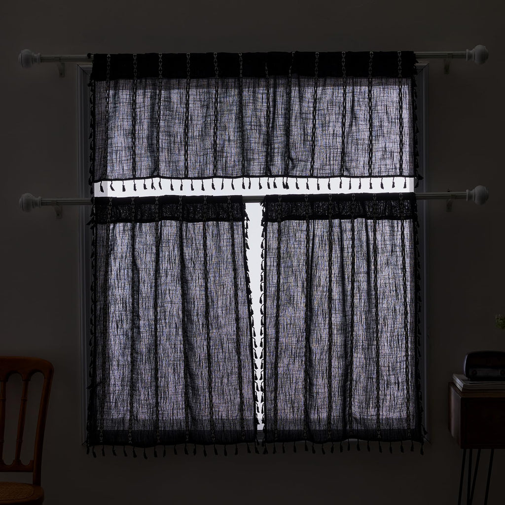 Roomtalks Black Boho Kitchen Valances For Windows, 18’’L X 52’’W Gothic Moody Striped Farmhouse Vintage Country Cottage Textured Tassel Curtain Valances For Bathroom Living Room