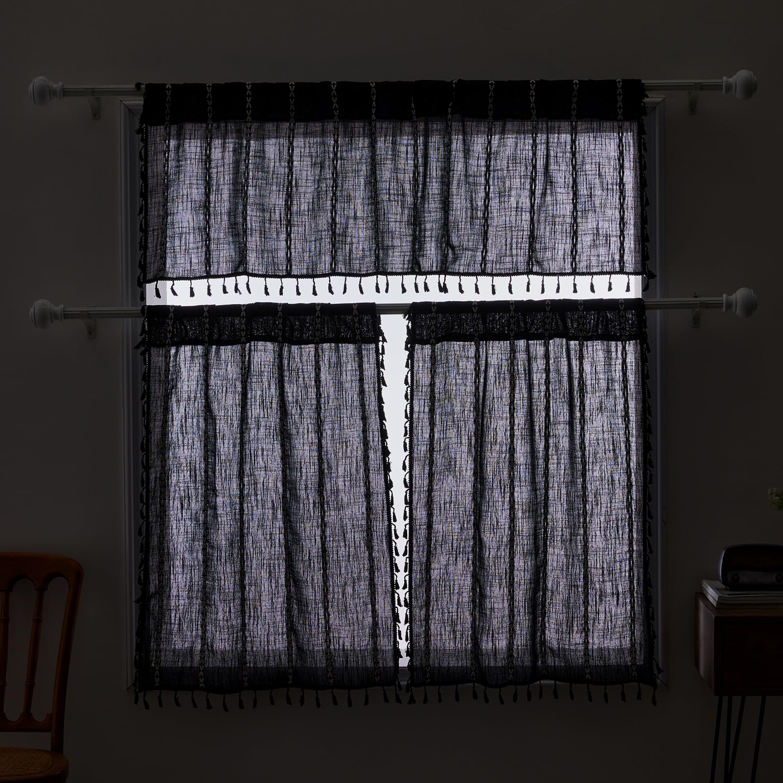 Roomtalks Black Boho Kitchen Valances For Windows, 18’’L X 52’’W Gothic Moody Striped Farmhouse Vintage Country Cottage Textured Tassel Curtain Valances For Bathroom Living Room