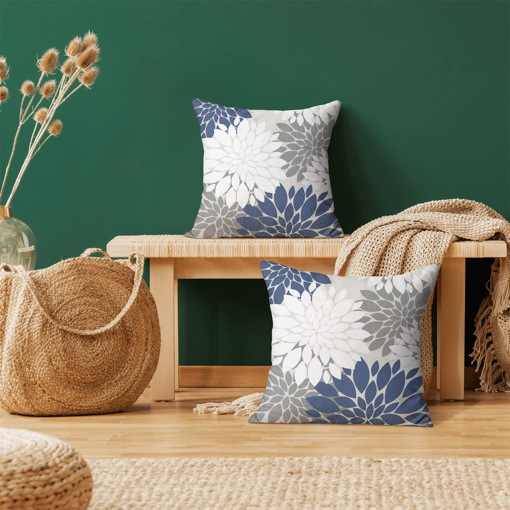 Cxmeifly Navy Blue White Grey Pillow Covers 18X18 Inch Set Of 2 Dahlia Floral Decor Throw Pillows Summer Modern Geometry Flower
