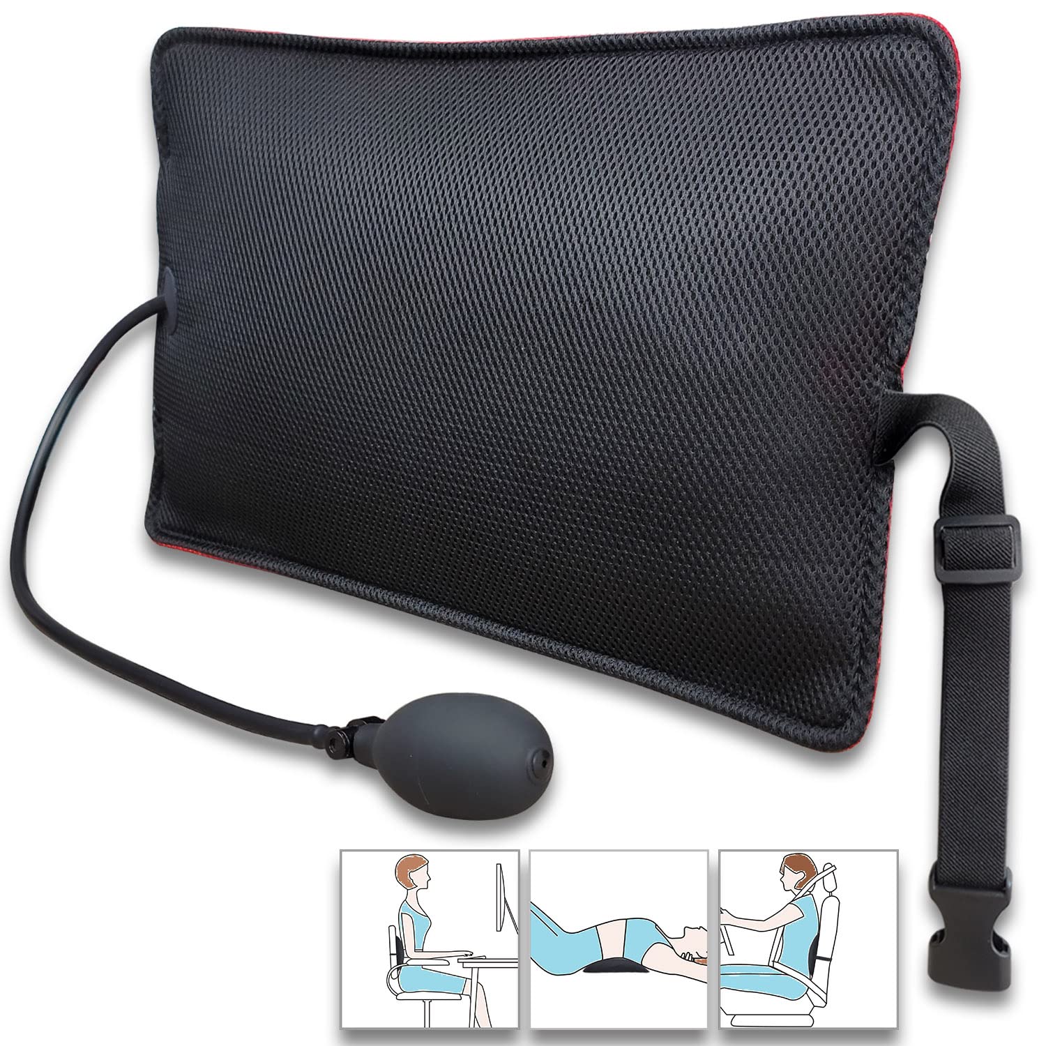 Popipen Inflatable Lumbar Support Pillow For Office Chair And Car Seat, Back Support Cushion With Air Pump For Reducing Lower Ba