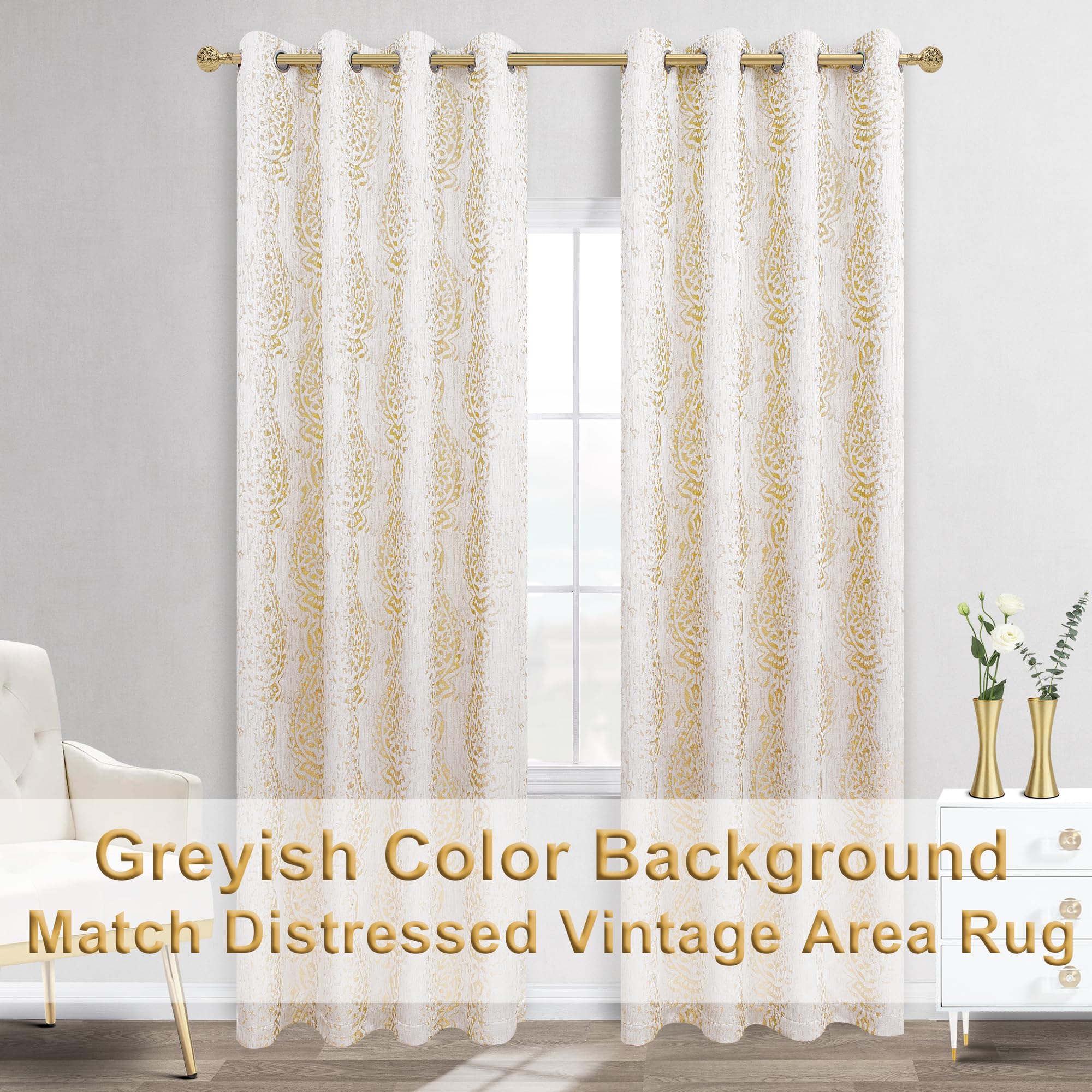 Gold And Greyish Cream White Light Filtering Damask Pattern Extra Length Mandala Curtains For Living Room 52 By 96 Inches Long 2 Panels
