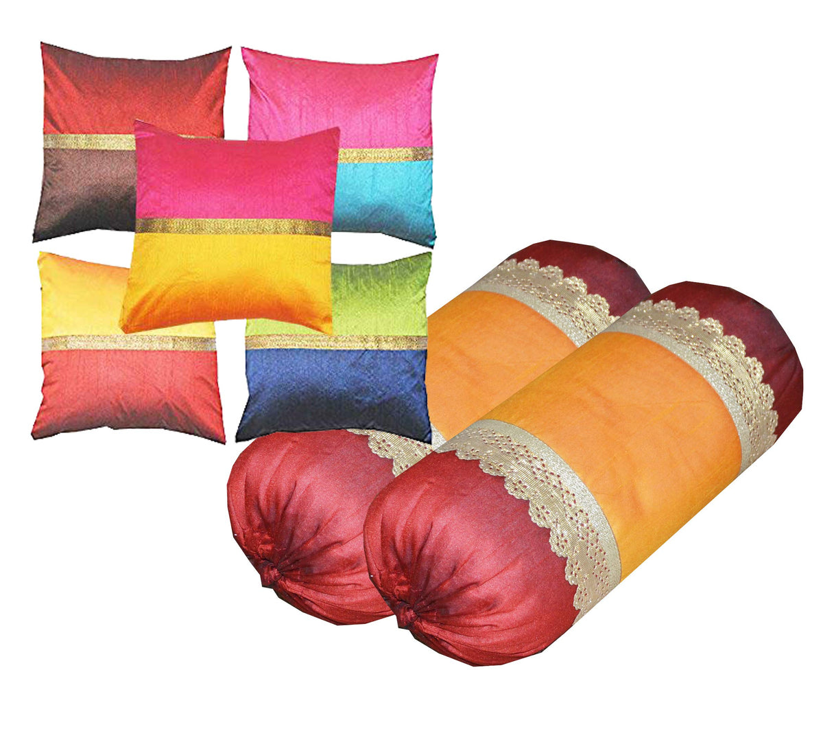 Pink Parrot Dupian Silk 16X16 Inch Set Of 5 Cushion Cover And 12X26 Inch Set Of 2 Pieces Bolster Combo Set, Multi, 150 Gsm