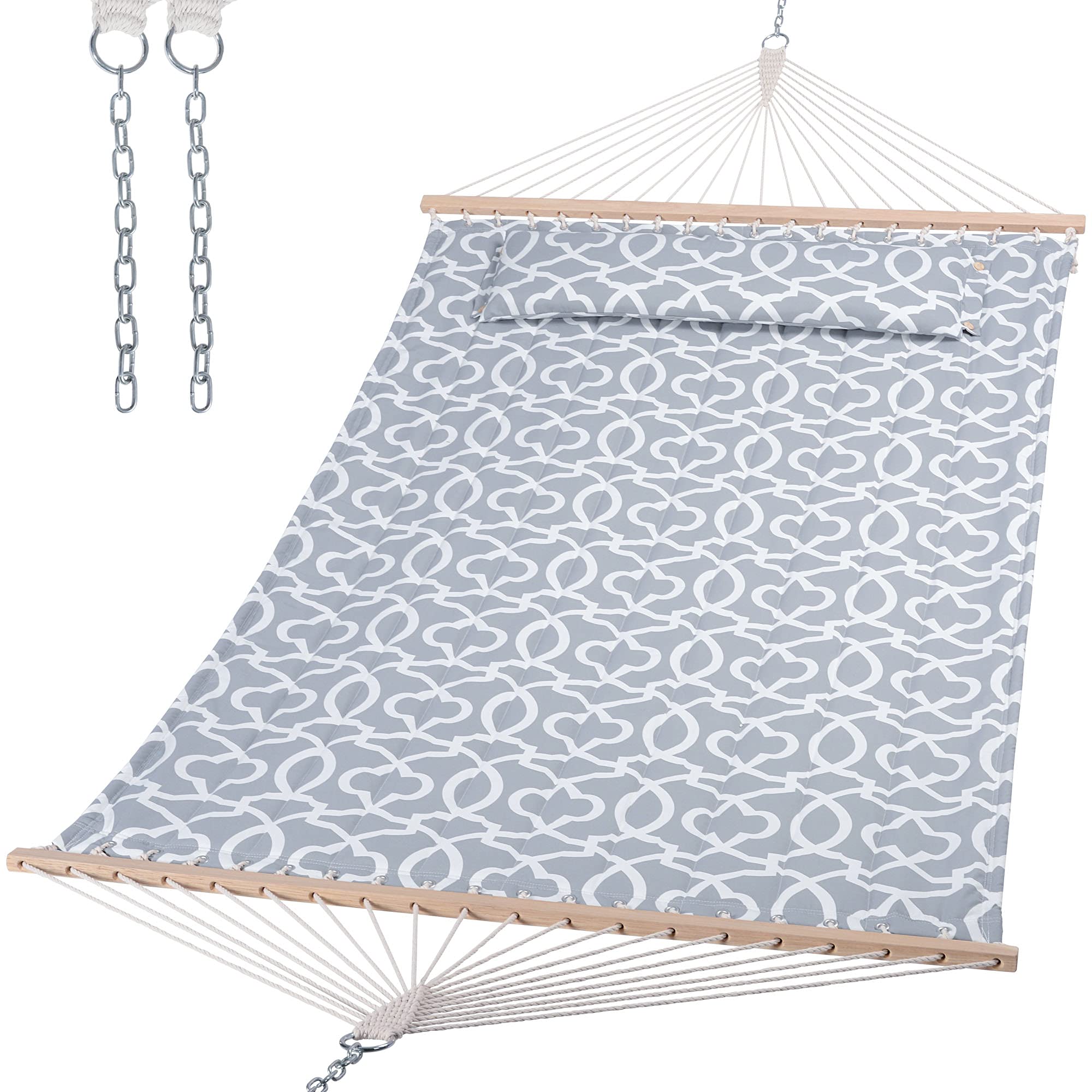 Suncreat Double Quilted Hammock With Hardwood Spreader Bar, Extra Large Soft Pillow, Heavy Duty 2 Person Hammock For Indoor, Out