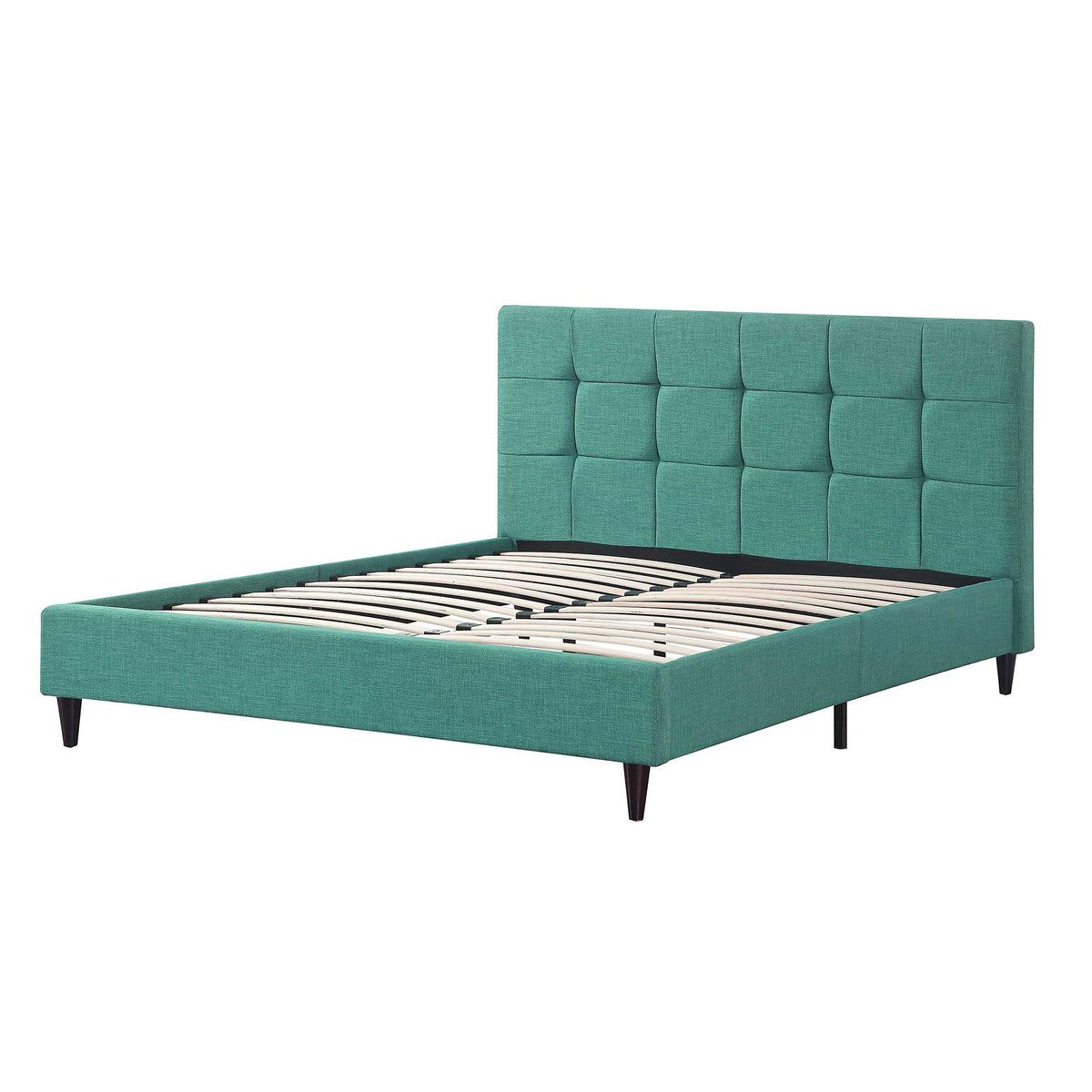 HomeRoots Furniture Modern Upholstered Square Stitched Platform Bed with Wooden Slats, Blue (California King)