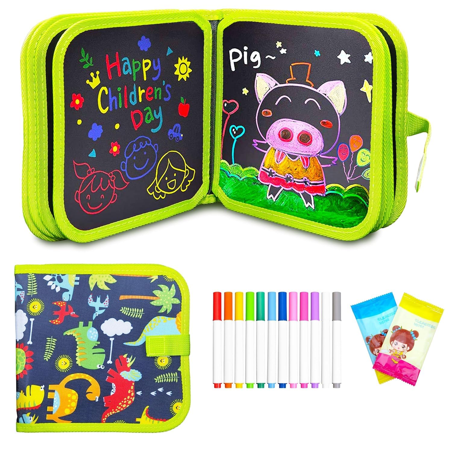 Erasable Doodle Drawing Book For Kids | 10 Pages Reusable Drawing Pad With 6 WaterSoluble Watercolor Pens | Road Trip Car Game 