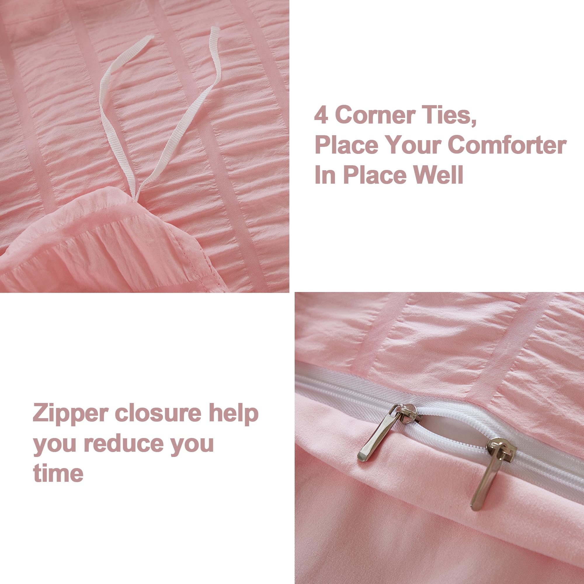 Avelom Blush Pink Seersucker Duvet Cover Set Queen Size (90 X 90 Inches), 3 Pieces (1 Duvet Cover + 2 Pillow Cases), Ultra Soft Washed Microfiber, Textured Duvet Cover With Zipper Closure, Corner Ties