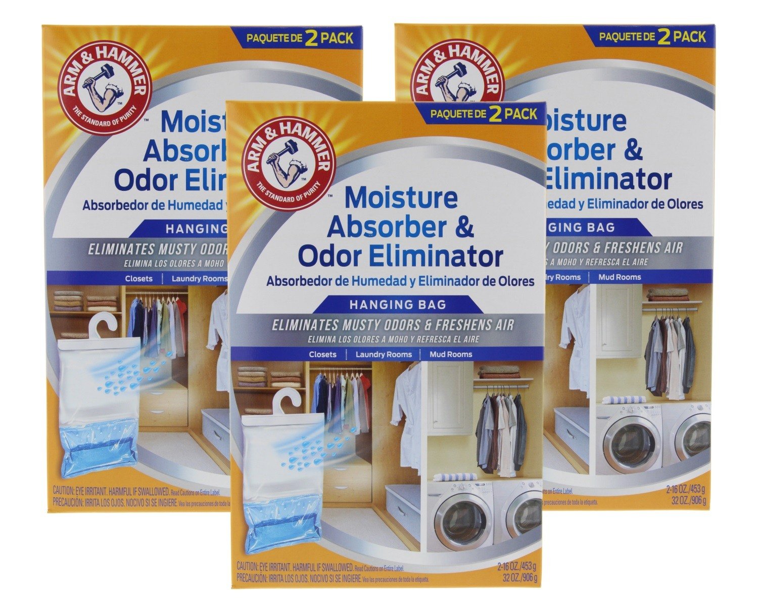 Arm & Hammer Moisture Absorber & Odor Eliminator 16oz Hanging Bag, 3 Pack (6 Bags Total) - Eliminates Musty Odors & Freshens Air