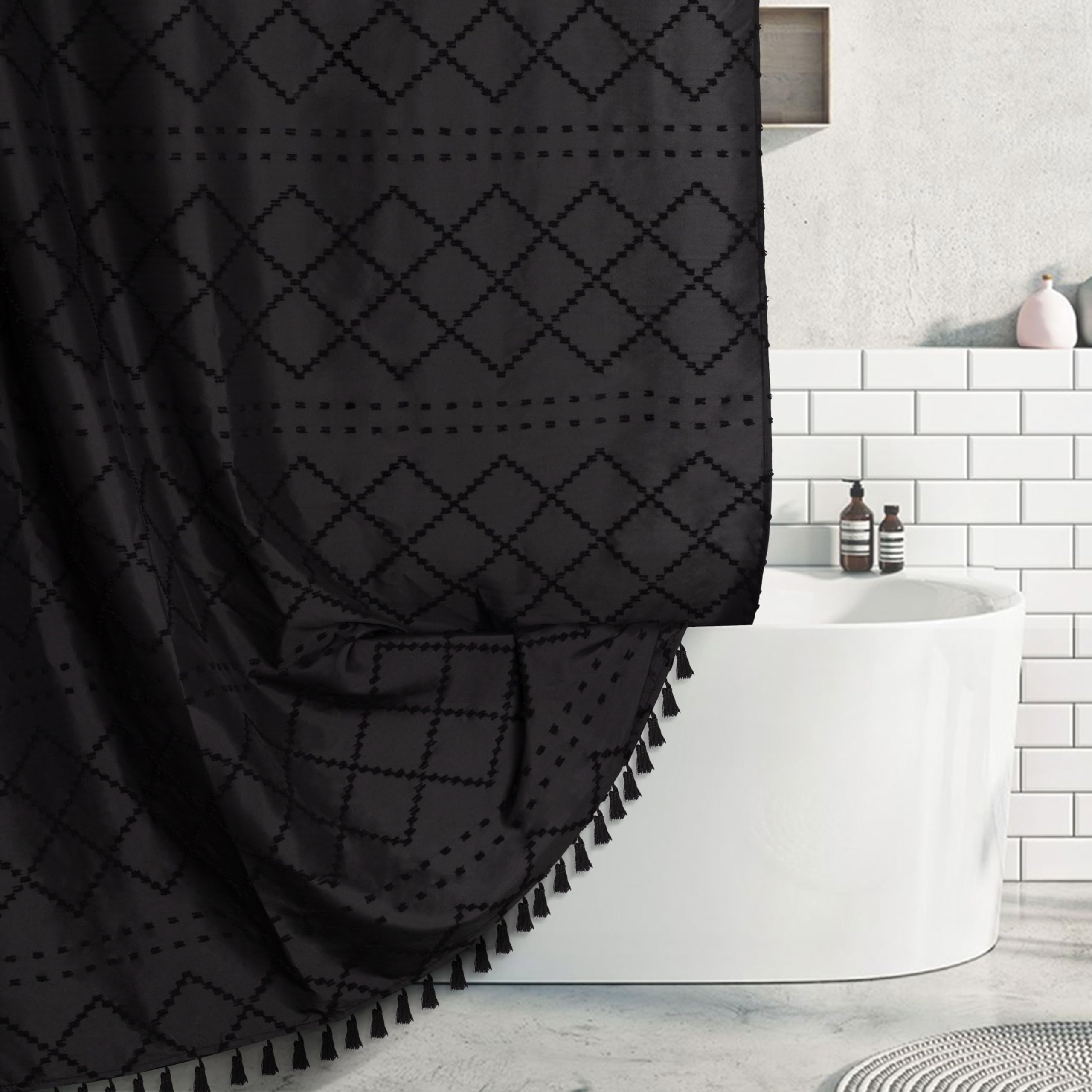 Extra Long Black Textured Boho Shower Curtain With Tassels 72 X 78 Tufted Chevron Striped Chenille Woven Fabric Cloth Shower Cur