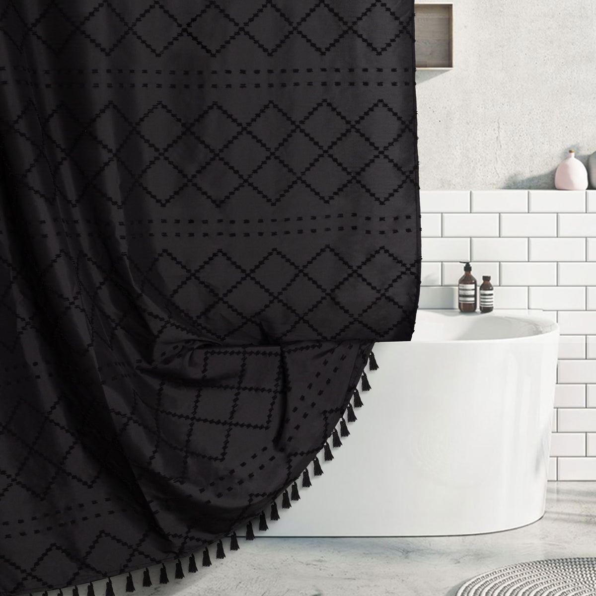 Extra Long Boho Black Shower Curtain With Tassels, 72 X 96, Tufted Chevron Striped Chenille Woven Fabric Cloth Shower Curtain Mo