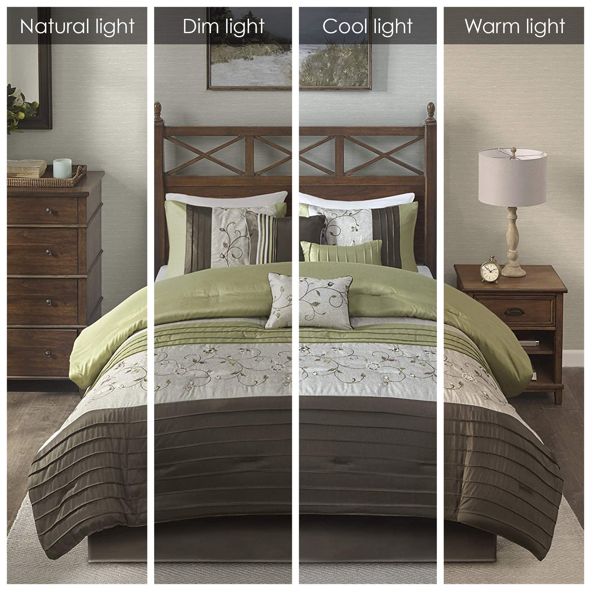 Madison Park Serene Faux Silk Comforter Set - Floral Embroidery Design, All Season Bedding Set, Matching Bed Skirt, Decorative Pillows, Green King(104'X92') 7 Piece