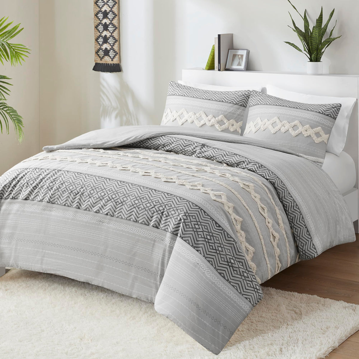 Hyde Lane Boho Gray Comforter Set King, Farmhouse Bedding Sets, Cotton Top With Modern Neutral Style Clipped Jacquard Stripes, 3