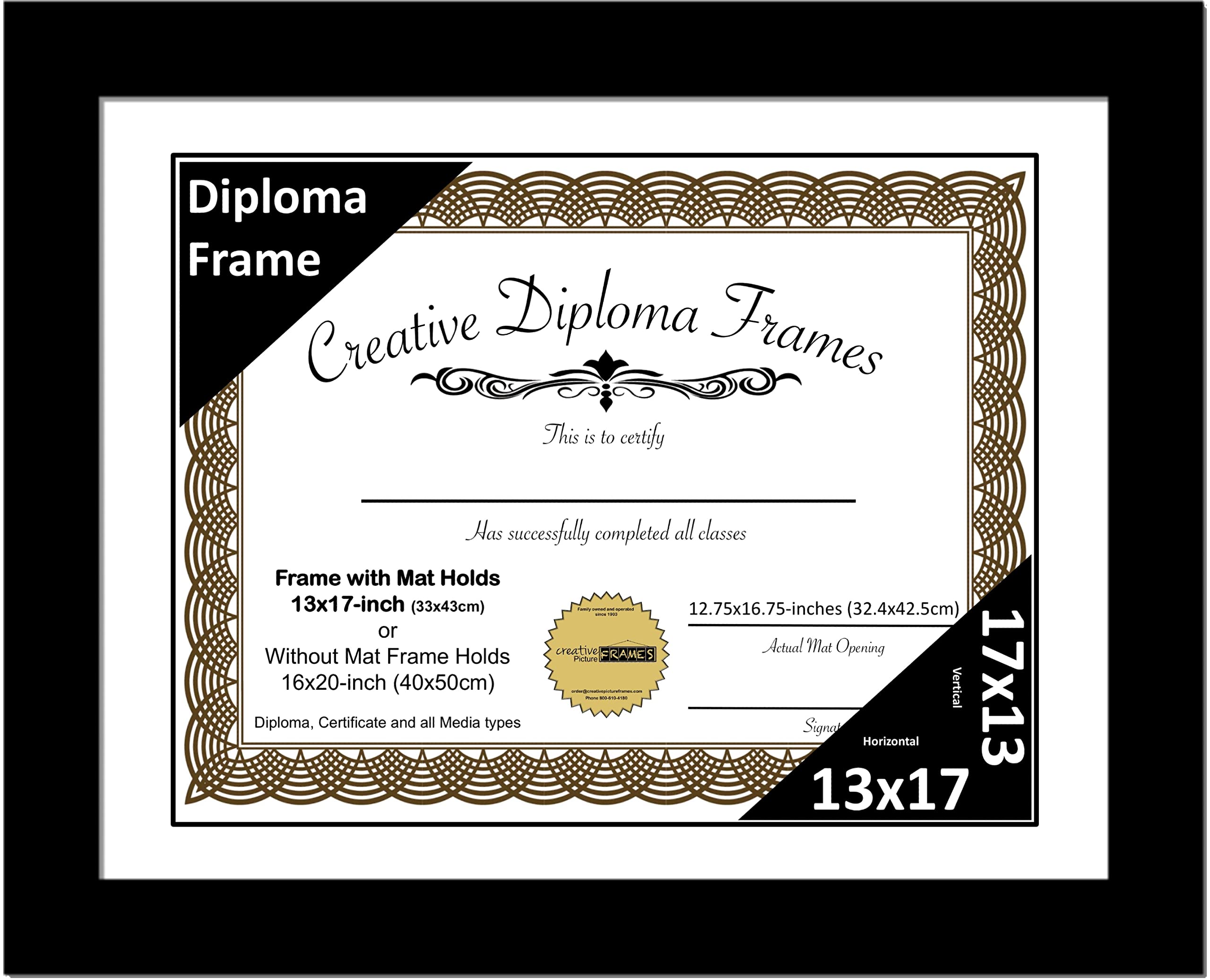Creative Picture Frames 13x17 Classic Black Diploma Frame with White Mat Glass Easel and Installed Wall Hangers | Frame Holds 16