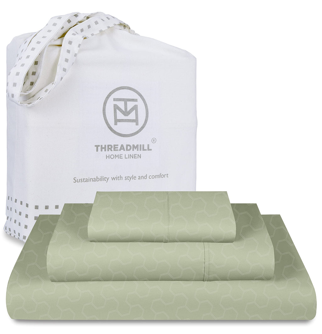 Threadmill 500 Thread Count Twin-XL Size 3 Pc Luxury Cotton Bed Sheet Set, Jacquard Floria Sage Green, Breathable Sheets with 15