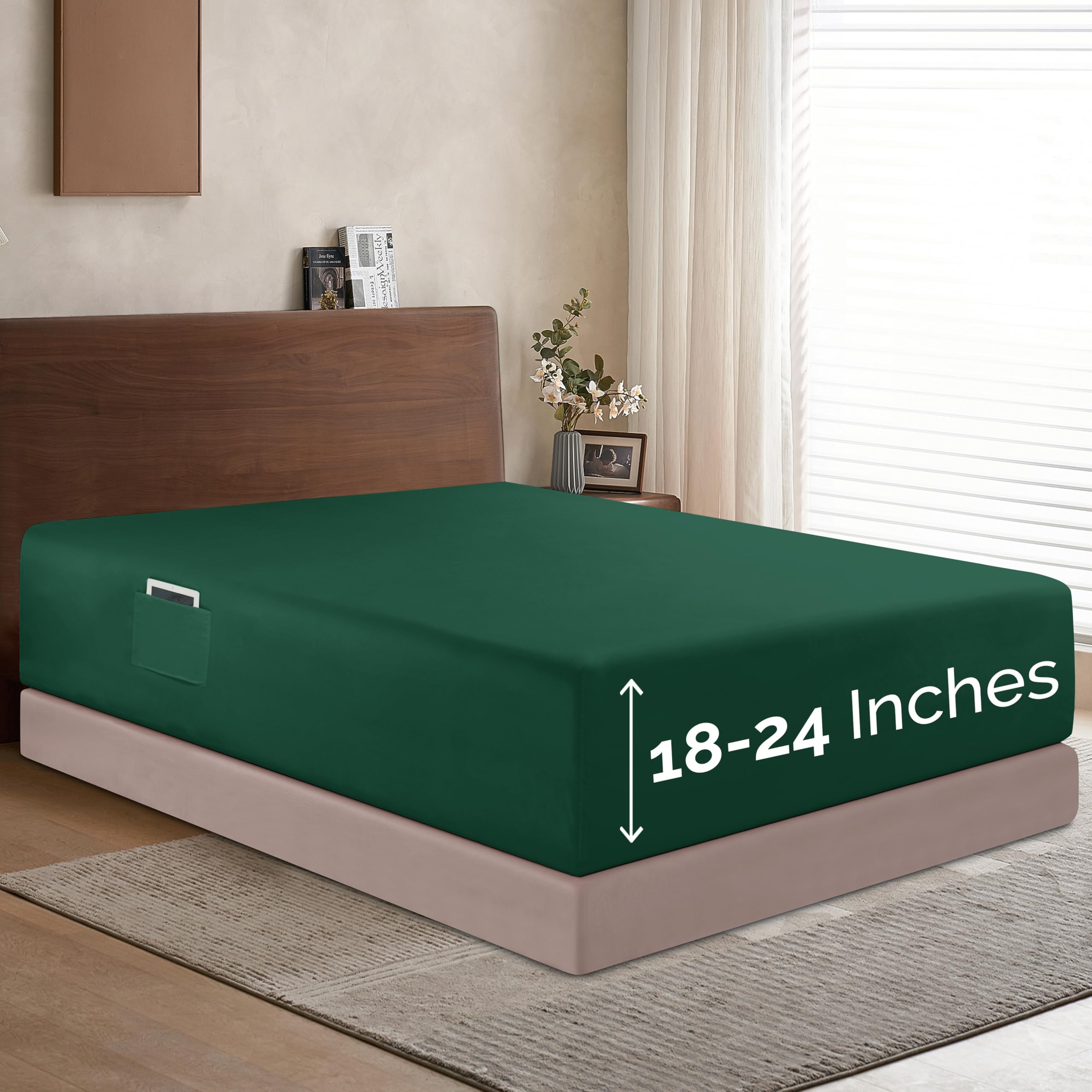 Elegant Comfort 1500 Premium Hotel Quality 18-24 Inches Deep - Extra Deep Pocket Single Fitted Sheet For High Mattress, Luxury And Softest, Smart Pocket - Wrinkle Free, Queen, Hunter Green