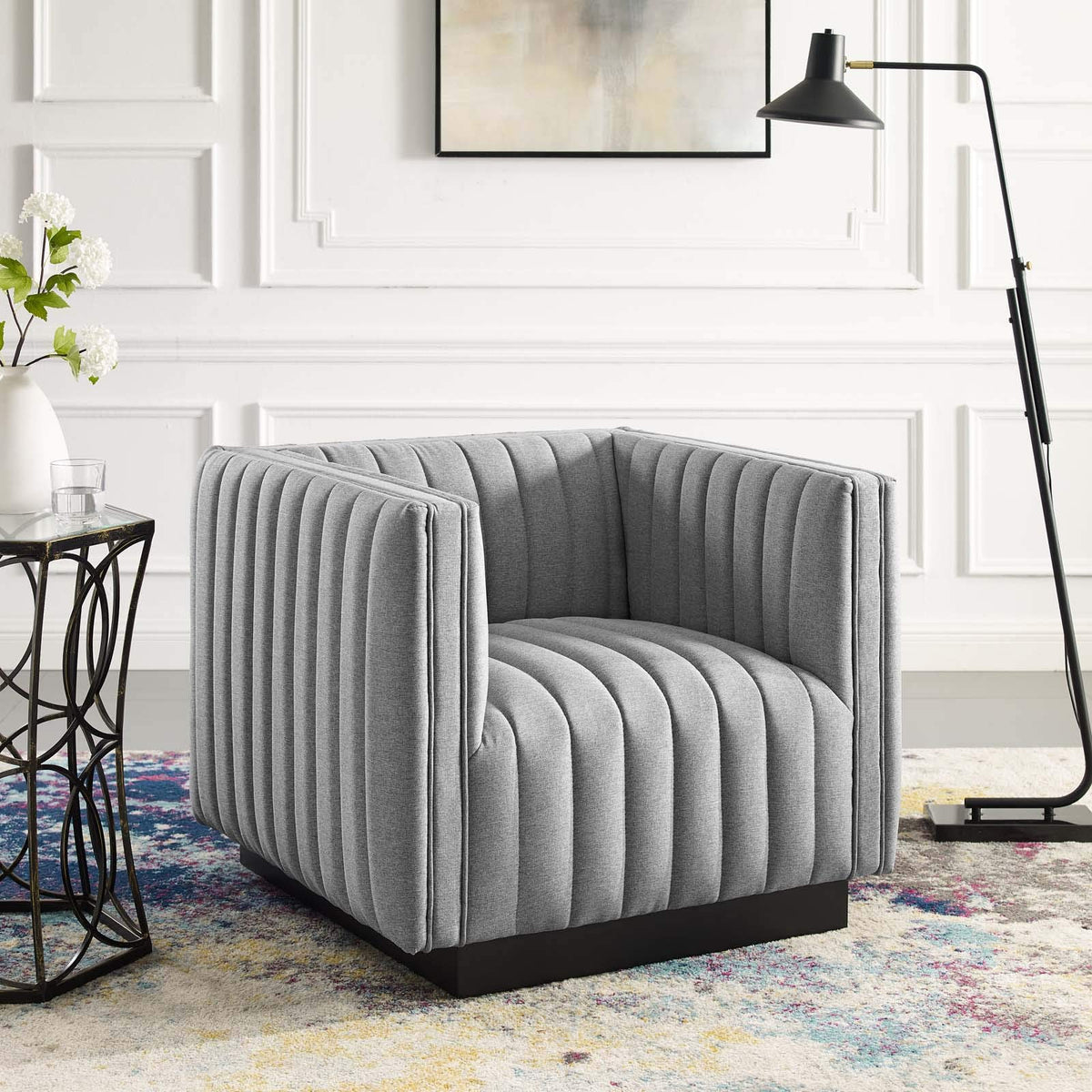 Modway Conjure Channel Tufted Upholstered Accent Armchair In Light Gray