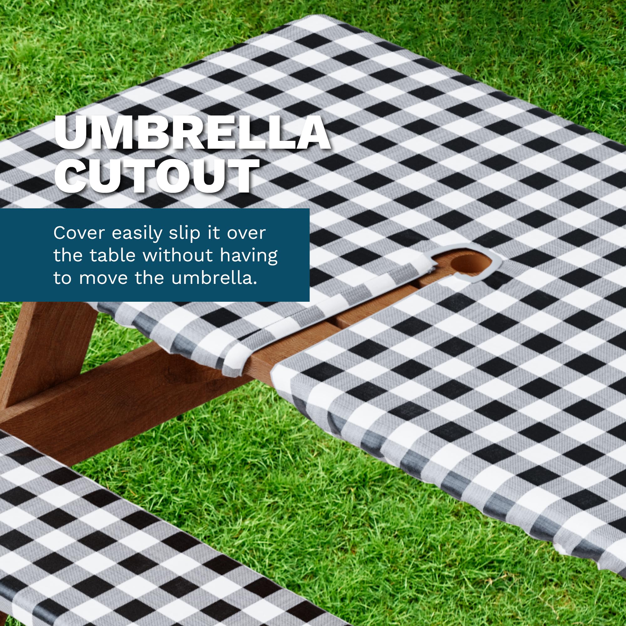 Sorfey Vinyl Umbrella Picnic Table And Bench Fitted Tablecloth Cover, Checkered Design, Flannel Backed Lining, 30X72 Inch, 3-Piece Set, Black