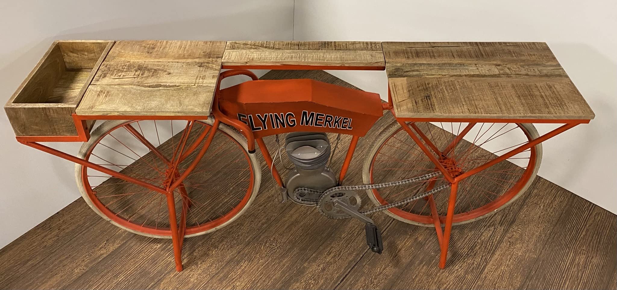 HomeRoots Mango Wood and Metal Orange Flying Merkel Motorcyle Bar Cart