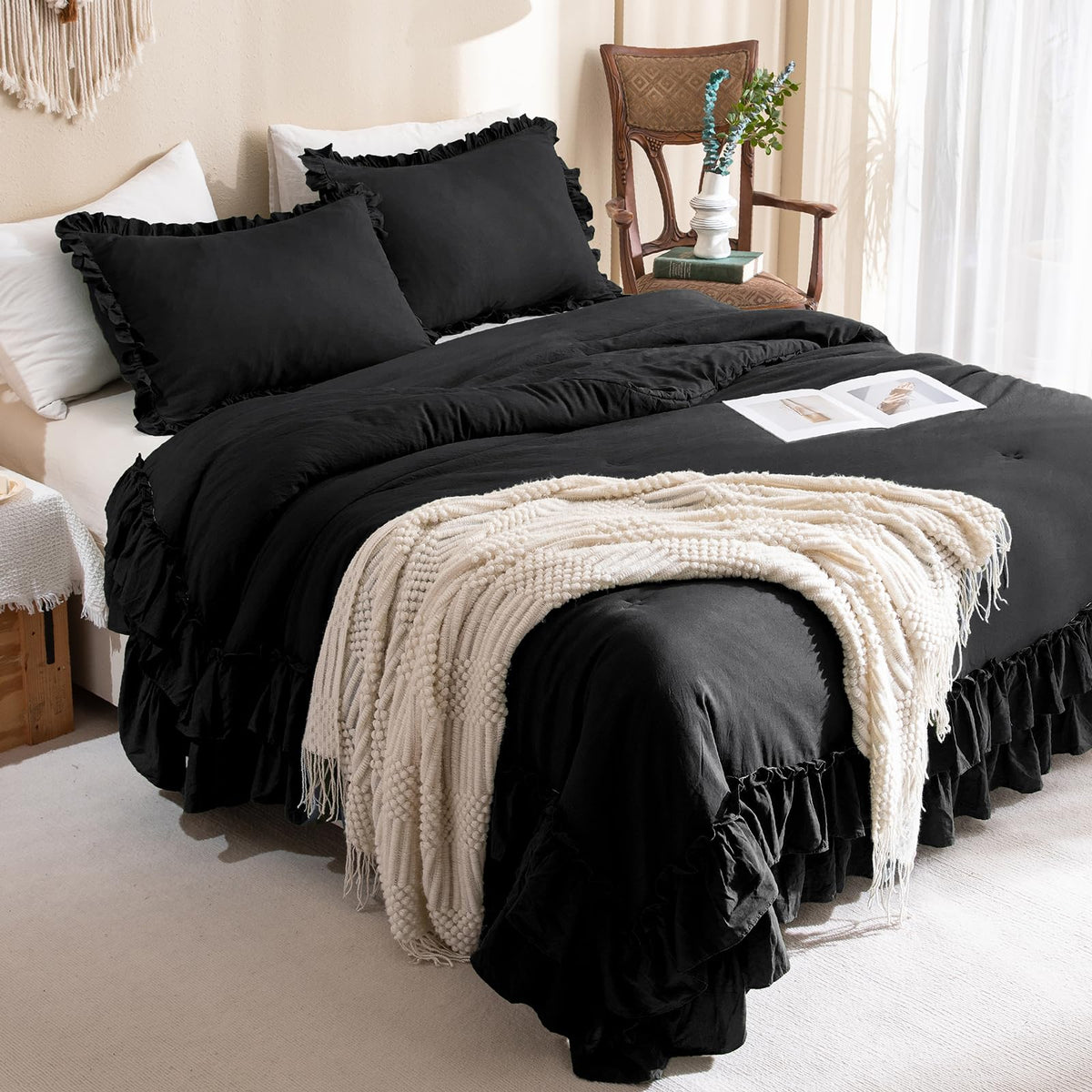 Masaca Black Ruffled Comforter Set Queen,Farmhouse Shabby Boho Chic Bedding,Ultra Soft Fluffy Ruffle Bed Comforter Set 3-Piece (