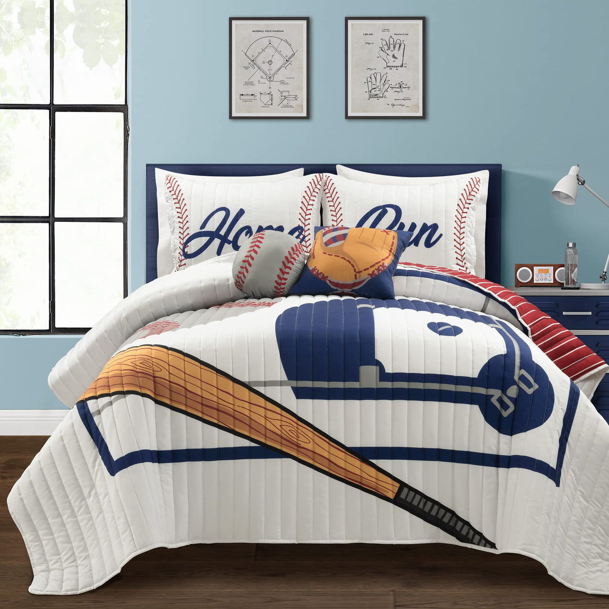 Lush Decor Baseball Game Reversible Oversized Kids 5 Piece Quilt Set, Full/Queen, White & Red