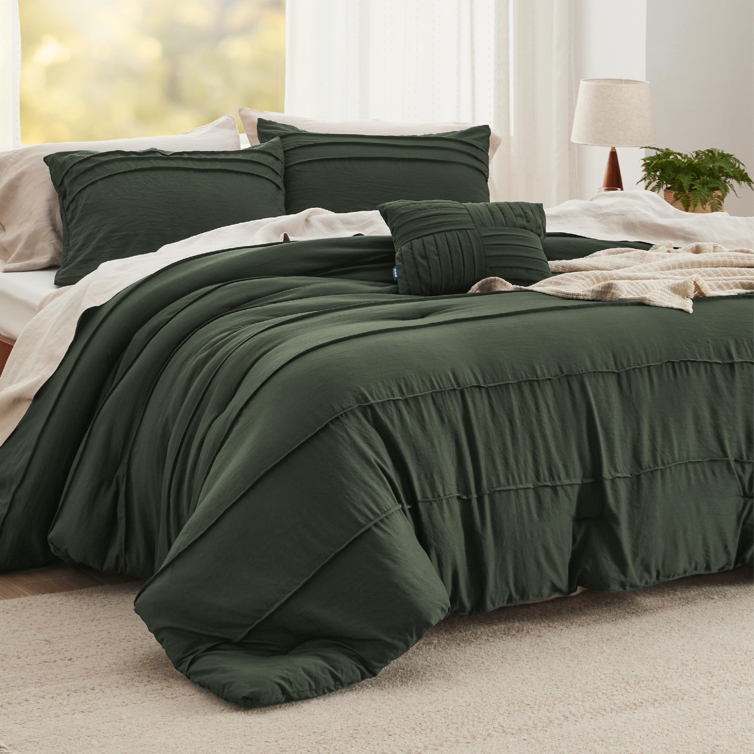 Bedsure Olive Green Full Size Comforter Set - 4 Pieces Pinch Pleat Bed Set, Down Alternative Warm Bedding Sets For All Season, 1