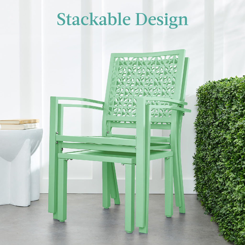 Best Choice Products 3-Piece Outdoor Bistro Set, Stackable Modern Steel Furniture For Porch, Garden W/ 2 Chairs, Table, Geometric Decor - Mint Green