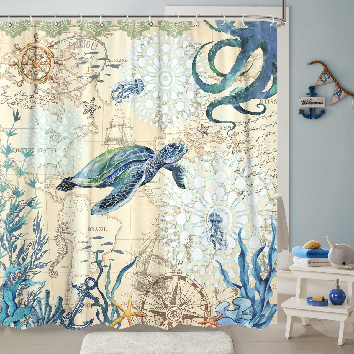 Aipon Nautical Sea Turtle Shower Curtain Octopus Ocean Teal Fish Animal Seashell Jellyfish Theme Extra Long Fabric Waterproof Sh