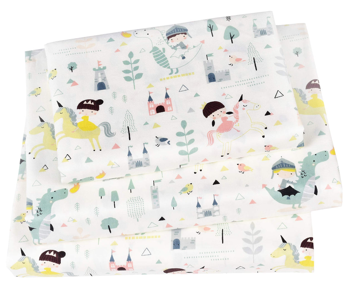 J-Pinno Knight Fire Dragon Princess Unicorn Twin 100% Cotton 3 Pieces Sheet Set For Kids Girls Children Flat Sheet + Fitted Shee