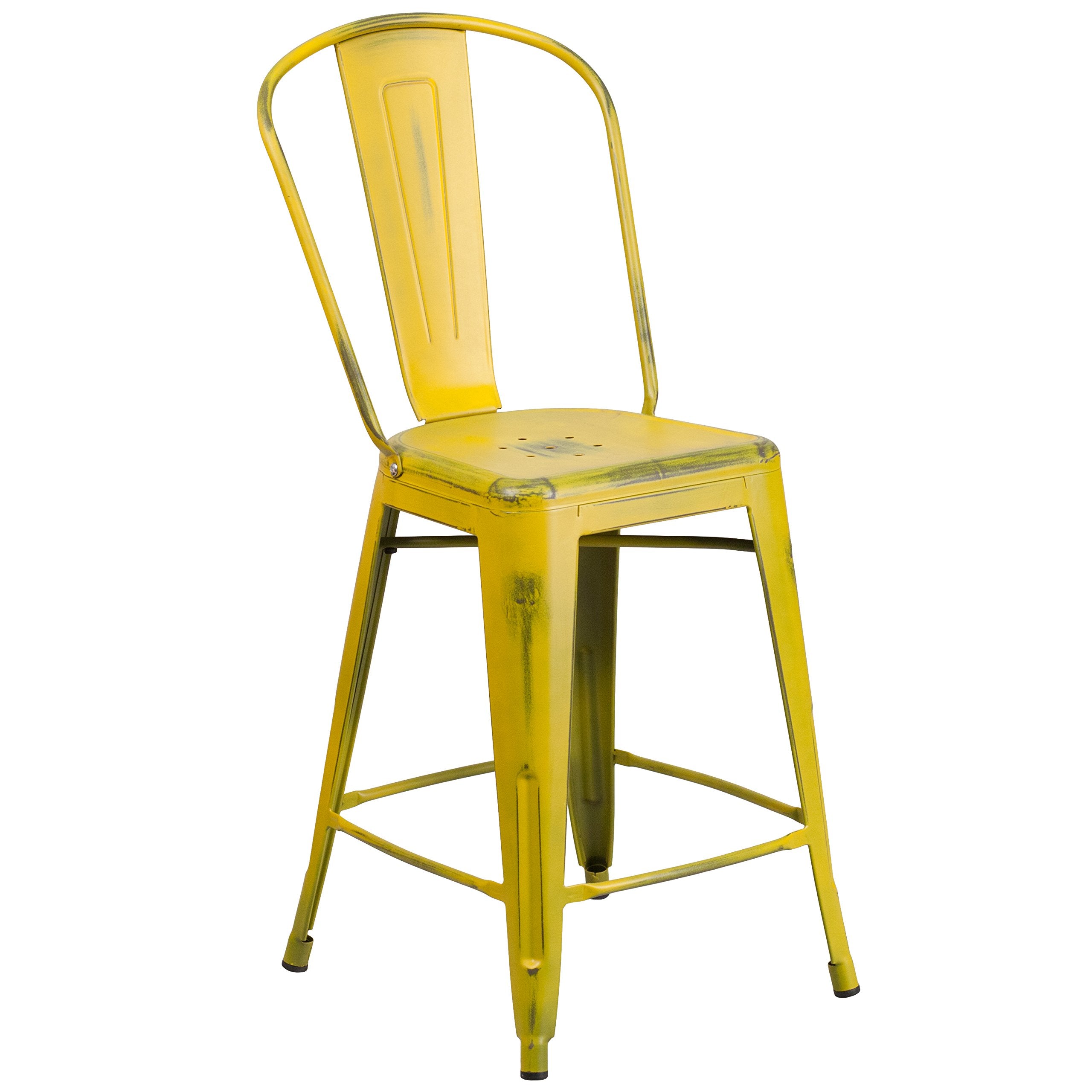 Flash Furniture Carly Commercial Grade 24 High Distressed Yellow Metal Indoor-Outdoor Counter Height Stool with Back