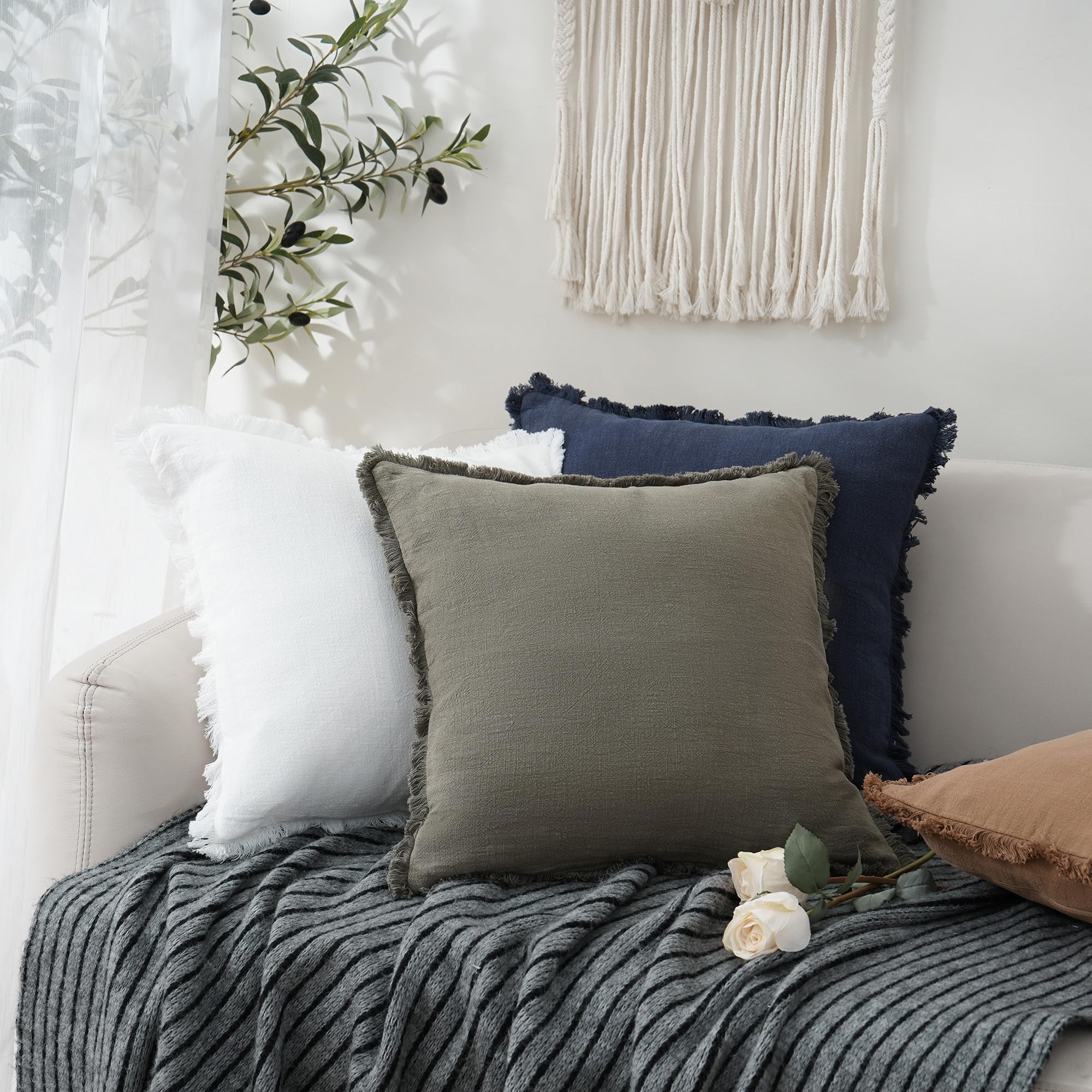 Foindtower Decorative Linen Fringe Throw Pillow Covers Cozy Boho Farmhouse Cushion Cover With Tassel Soft Accent Pillowcase For